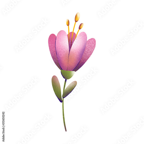 Digital illustration of a trendy floral print. Small tulips, leaves and berries with texture. Summer and spring motif for cards, banners, fabrics, invitations.