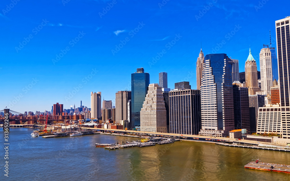 Obraz premium Aerial panoramic view on Skyline with Skyscrapers in Downtown and Lower Manhattan, New York City, America USA. American architecture building. Panorama of Metropolis NYC. Cityscape. Hudson, East River