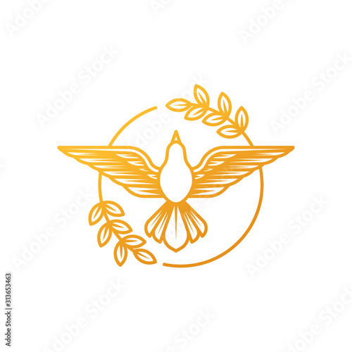 Dove Logo icon vector illustration. Abstract Line art of a flying dove with olive branch
