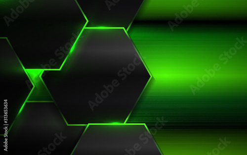 Abstract green hexagon shapes with metallic texture on dark background. Futuristic design concept with technology innovation concept for use element wallpaper, cover, banner, poster, web, presentation