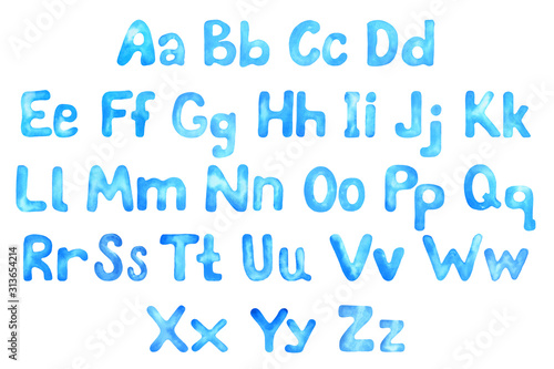 Handwritten blue font. Watercolor alphabet