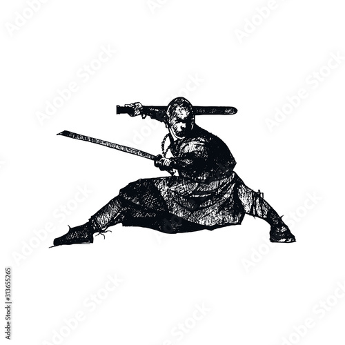 Ninja Character Wearing Mask and Standing in Fighting Pose Isolated on White Background Vector Sketched Illustration