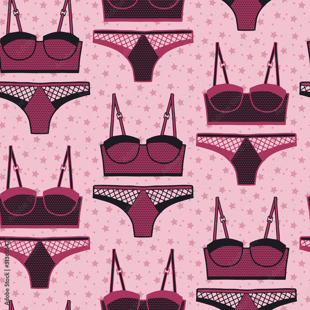 Vetor de Vector lingerie pattern in pink and black. Simple outline bra &  panties set hand drawn made into repeat. Great for background, wallpaper,  wrapping paper, packaging, fashion. do Stock