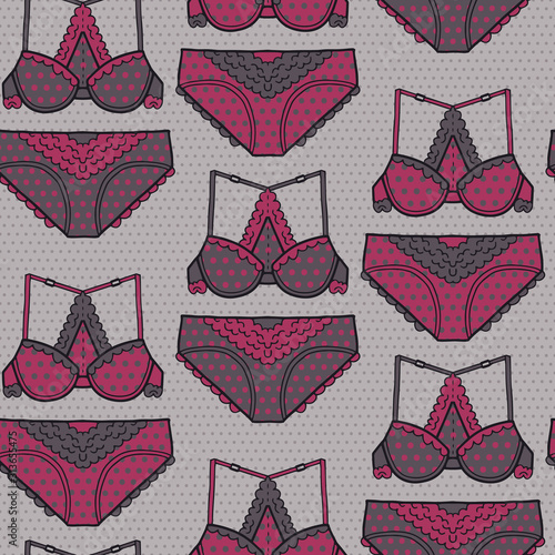 Vector lingerie pattern in pink and grey. Simple outline bra & panties set hand drawn made into repeat. Great for background, wallpaper, wrapping paper, packaging, fashion.