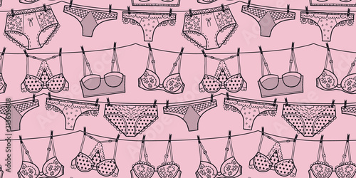 Vector lingerie pattern in pink and black. Simple outline bra & panties string of laundry hand drawn made into repeat. Great for background, wallpaper, wrapping paper, packaging, fashion.