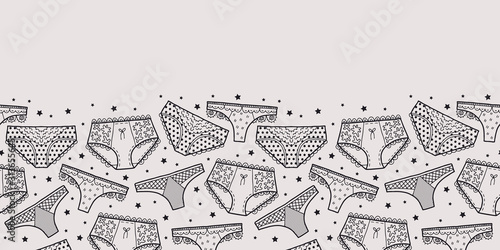 Vector lingerie seamless border in black and grey. Simple doodle panties hand drawn made into repeat. Great for invitations, decor, packaging, ribbon, greeting cards, stationary.