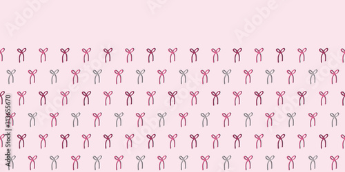 Vector bow seamless border in pink. Simple doodle bow ribbon hand drawn made into geometric repeat. Great for invitations, decor, packaging, ribbon, greeting cards, stationary.