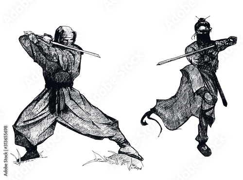 Ninja Characters Wearing Mask in Fighting Pose Isolated on White Background Vector Sketched Illustrations Set