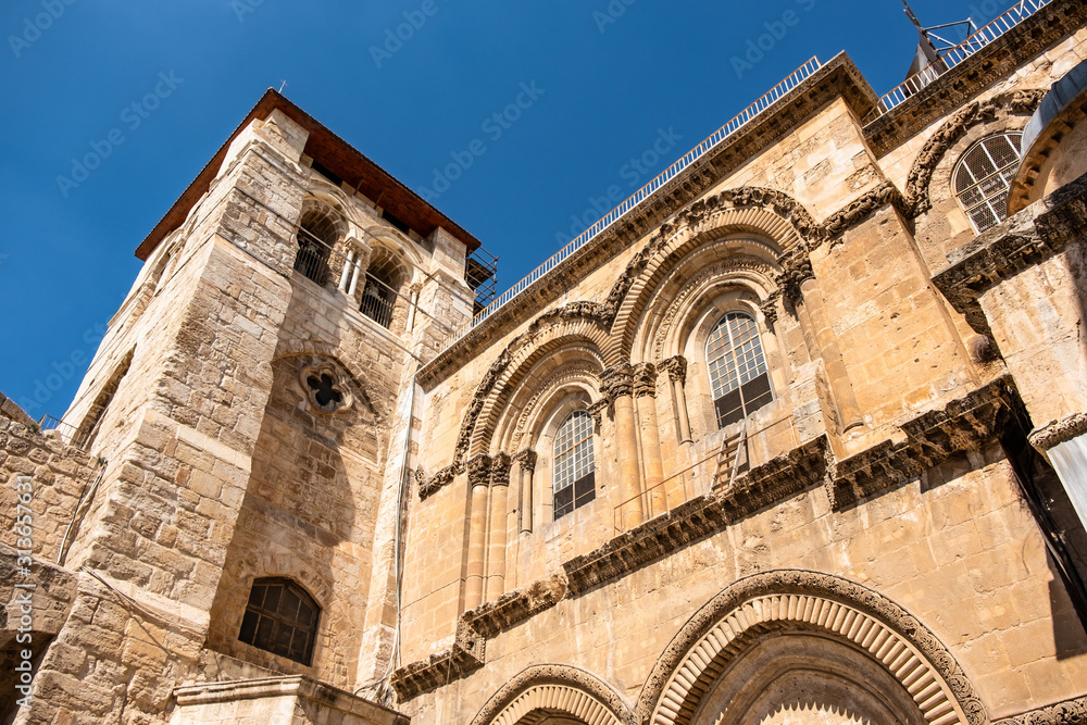Church of the Holy Sepulchre facade with immovable ladder