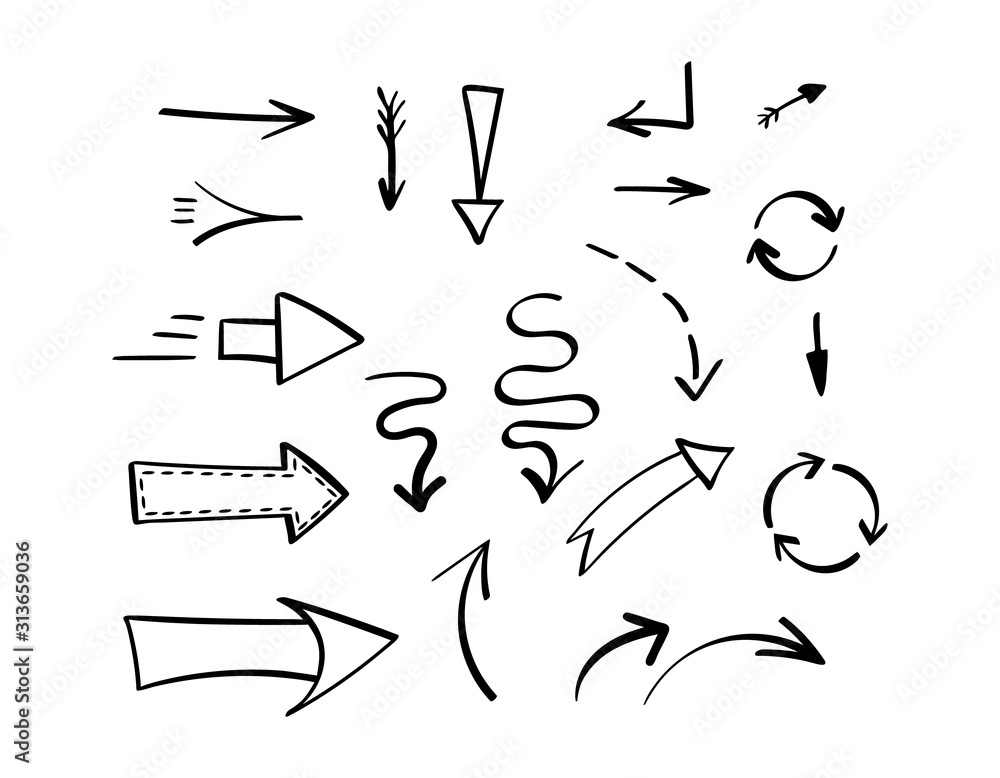 Set of different black hand drawn arrows. Vector illustration. Set of different black hand drawn arrows. Vector illustration.