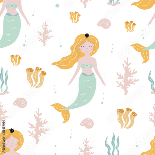 Seamless pattern with a mermaid on a white background. Vector illustration for printing on fabric, postcard, packaging paper, gift products, Wallpaper, clothing. Cute baby background for girls.