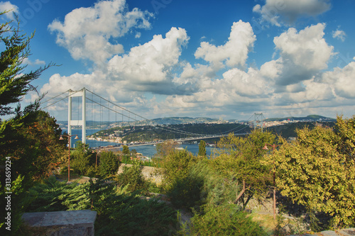 Panoramic view with Fatih Sultan Mehmet bridge over Bosphorus in Istanbul