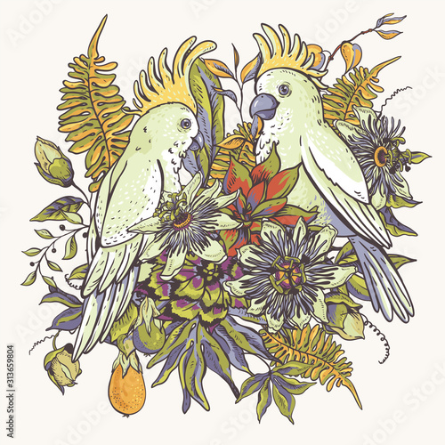 Vintage tropical floral natural collection. Passiflora greeting card, flowers, exotic leaves