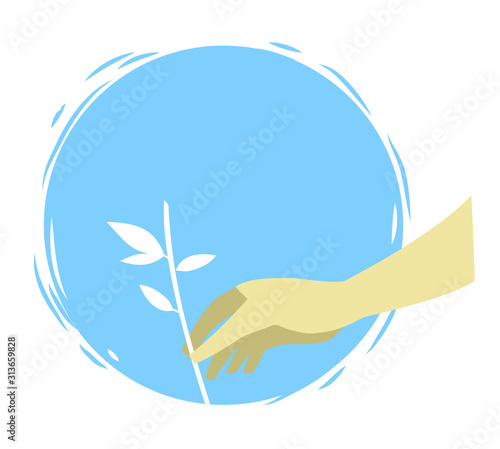 Hand holding plant, flower, branch. Living in harmony with nature concept - Vector