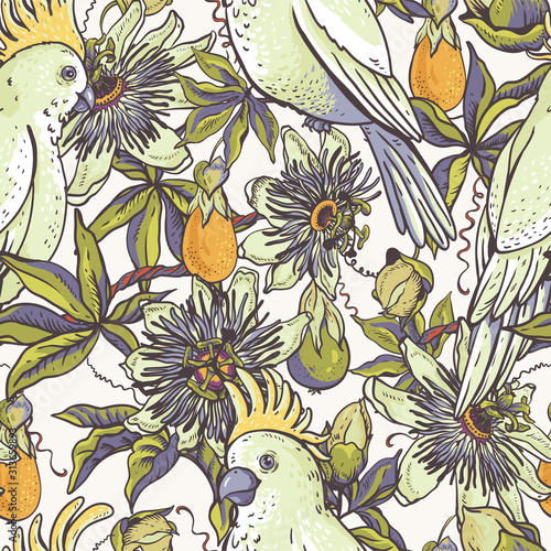 Vintage white parrot, floral natural seamless pattern. Passiflora texture, flowers, leaves