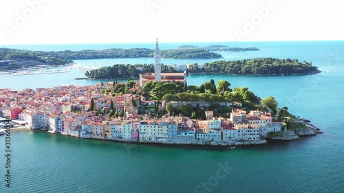 Croatia, Istria, aerial view of the old town of Rovinj on Adriatic sea, drone zoom out footage