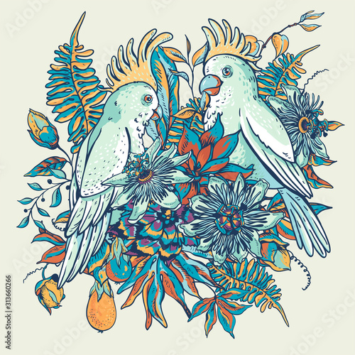 White parrot vintage tropical floral natural collection. Blue Passiflora