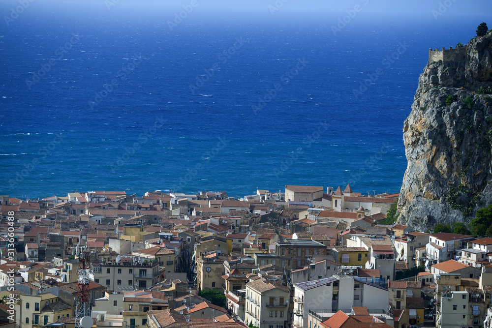 aerial view of, cefalu, countryside, small town, village, sicily, italy, italien,summer, vacation