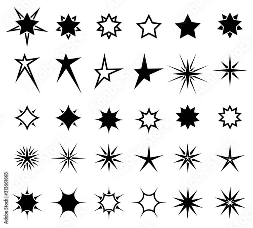 Icons set sparkling stars and sparks. Fireworks lighting effects, bright flashes and explosions. Flickering star particles. Black silhouette. Isolation. Vector illustration