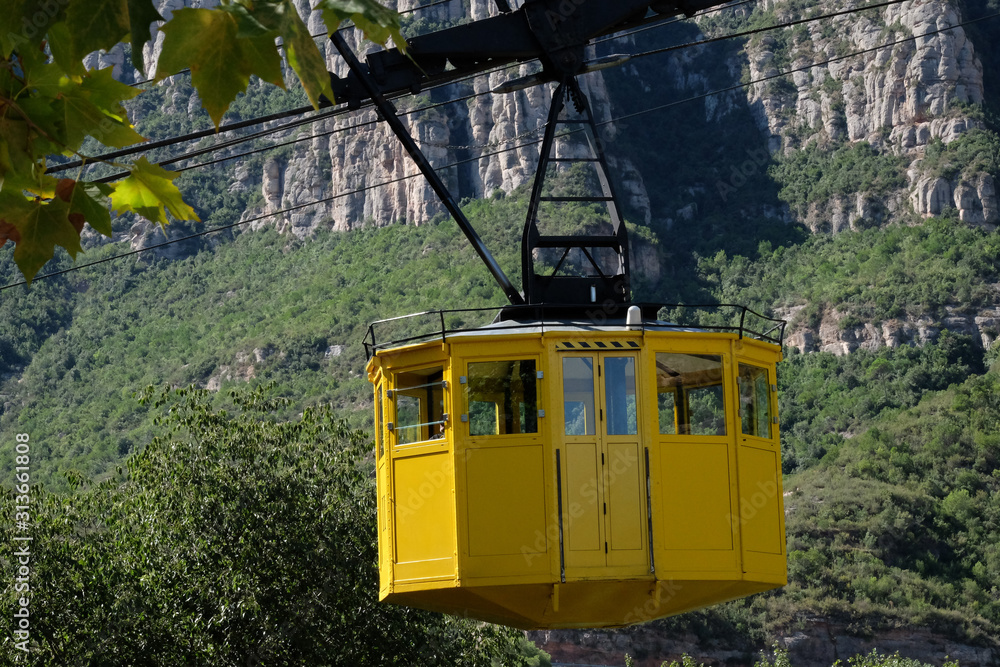 Yellow cable car at Montserrat in Catalonia, Spain