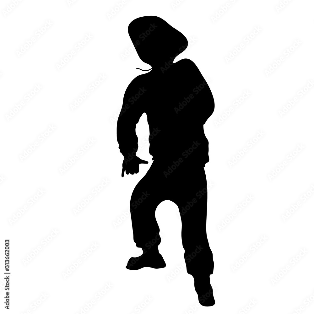 The silhouette of rapper on white background. Stylish athletic young man in dance pose. Black and white stock vector illustration