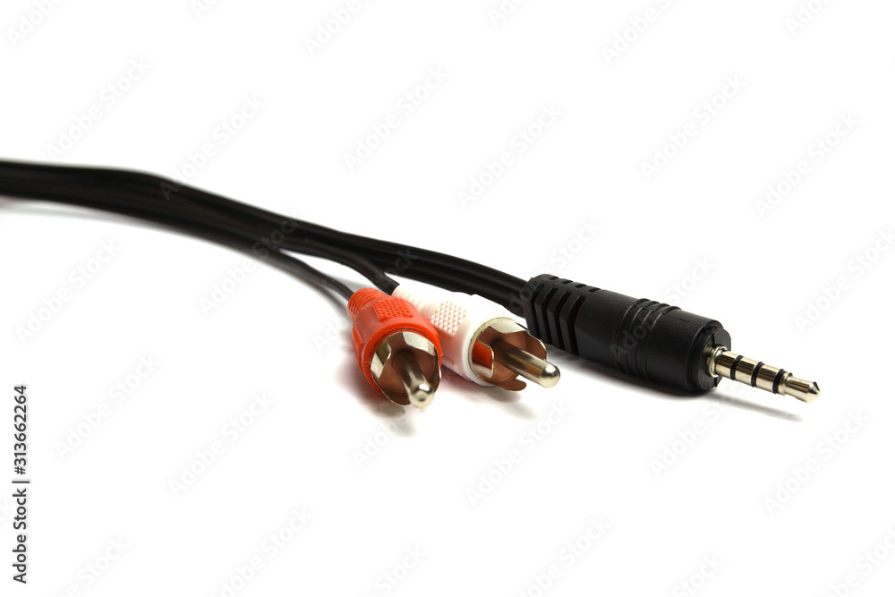 Isolated wire ends on a clear background.audio video RCA cable to 3.5 mm  Jack for excellent sound or sound transmission, audio cable for excellent  sound quality .white-red bell Stock-Foto | Adobe Stock