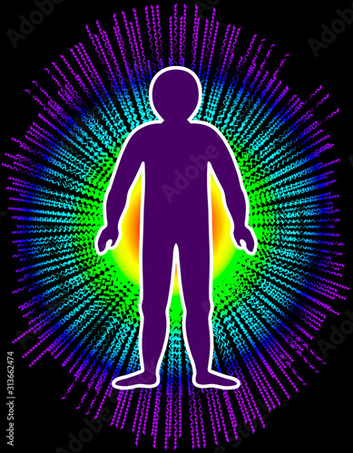 The aura of the body. Rainbow color marked layers of the male body. Etheric, emotional, metallic, astral, celestial and causal layer. Isolated vector on white background
