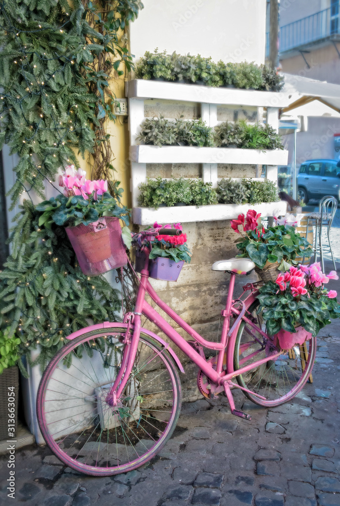 Vintage pink bike in the street