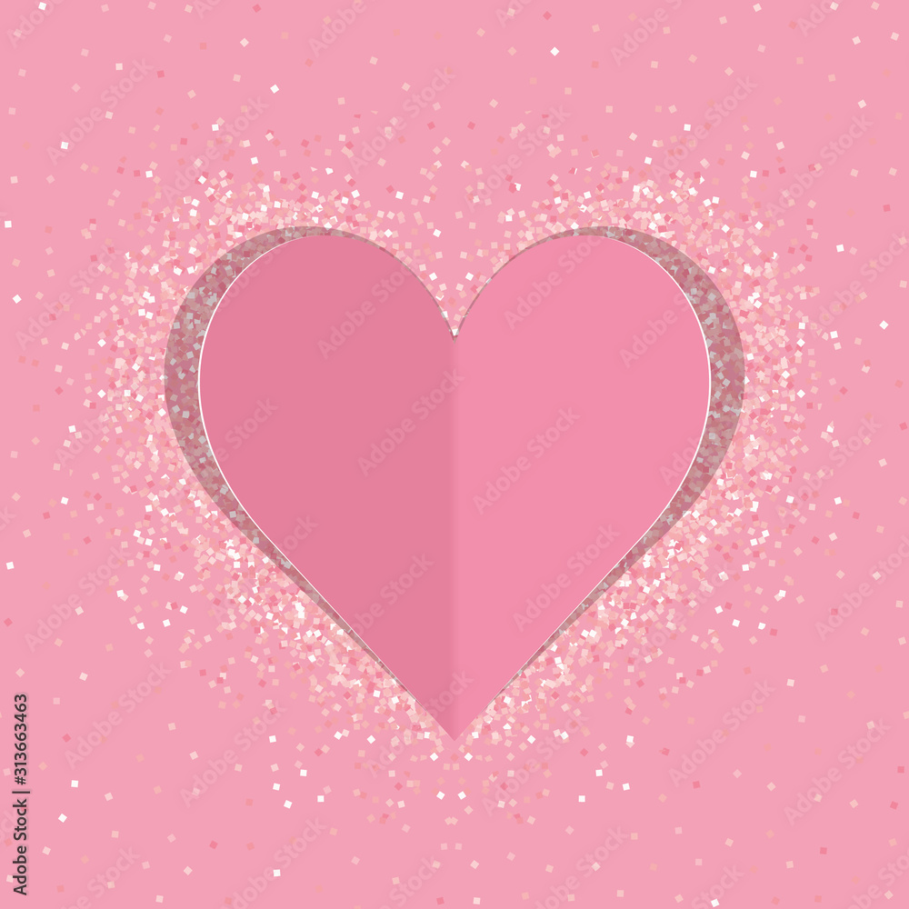 Pink paper love heart with shimmer. Vector