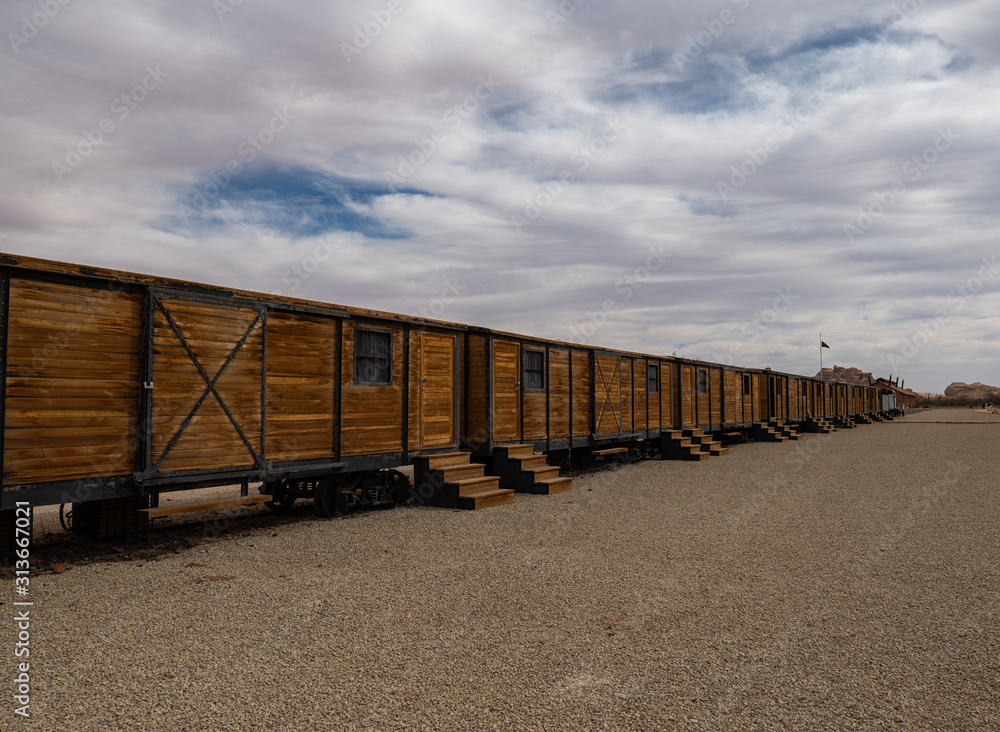 Train and carriages on the Hijaz Railway line at Mada'in Saleh (Hegra), Al Ula, Saudi Arabia Train and carriages on the Hijaz Railway line at Mada'in Saleh (Hegra), Al Ula, Saudi Arabia