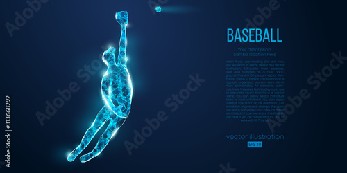 Abstract baseball player from particles, lines and triangles on blue background. All elements on a separate layers, color can be changed to any other. Low poly neon wire outline geometric. Vector