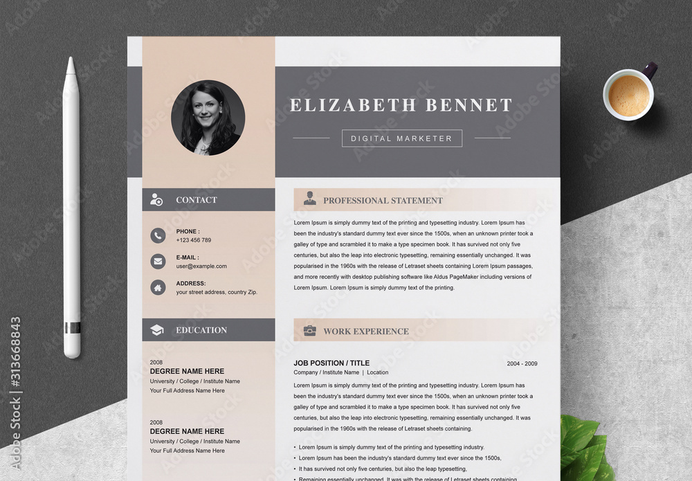 Tan and Gray Resume and Cover Letter Layout Set Stock Template | Adobe ...