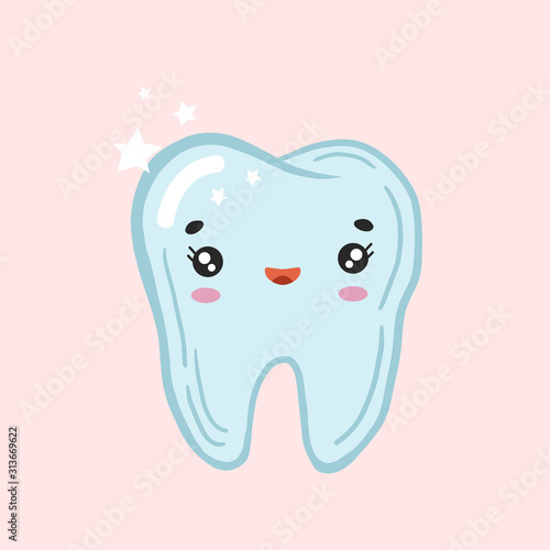 Happy tooth. Vector color sketch of a tooth. Happy tooth. Kawaii character.