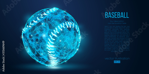 Abstract baseball ball from particles, lines and triangles on blue background. All elements on a separate layers, color can be changed to any other. Low poly neon wire outline geometric. Vector