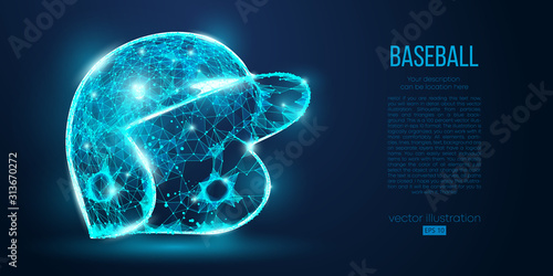 Abstract baseball helmet from particles, lines and triangles on blue background. All elements on a separate layers, color can be changed to any other. Low poly neon wire outline geometric. Vector