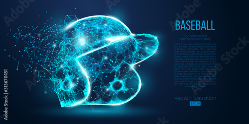 Abstract baseball helmet from particles, lines and triangles on blue background. All elements on a separate layers, color can be changed to any other. Low poly neon wire outline geometric. Vector