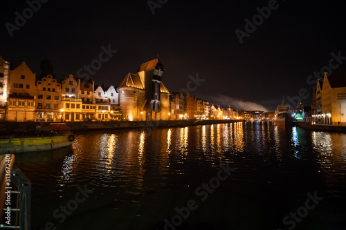 Gdansk  Poland - Juny  2019. Evening view over the river Motlawa the Old Town in Gdansk  Poland.