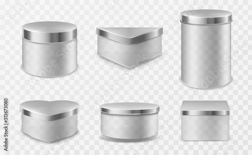 Glass jar with metal lid isolated on transparent background. Vector realistic mockup of empty clear plastic bottles for jam, tea, coffee or cream. Set of different shapes containers with steel cap