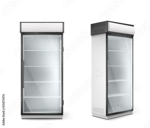 Empty refrigerator with transparent glass door. Vector fridge for display fresh food and drink in supermarket. Modern cooler with shelves and handle front and corner view