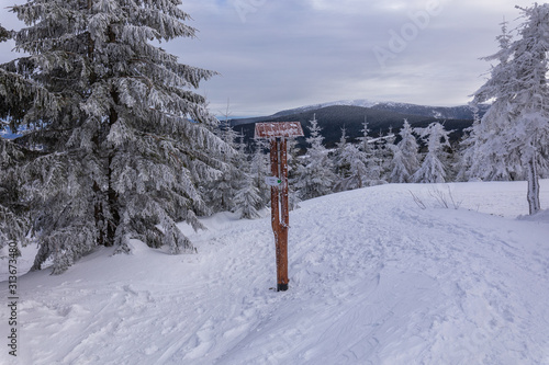 Fototapeta Naklejka Na Ścianę i Meble -  Beskid Zywiecki. Winter in Poland. Captured during trekking on the way to Rysianka, near Zabnica village. Snowy Winter Mountains.