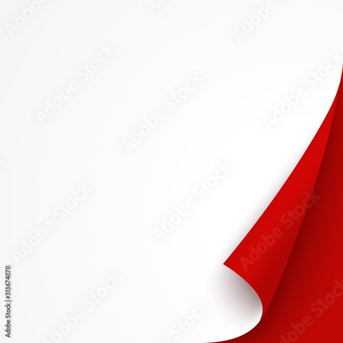 White banner template with red curled corner. Square bent paper page for christmas sale, promo or flyer, empty red sticker for memo, notes and post.