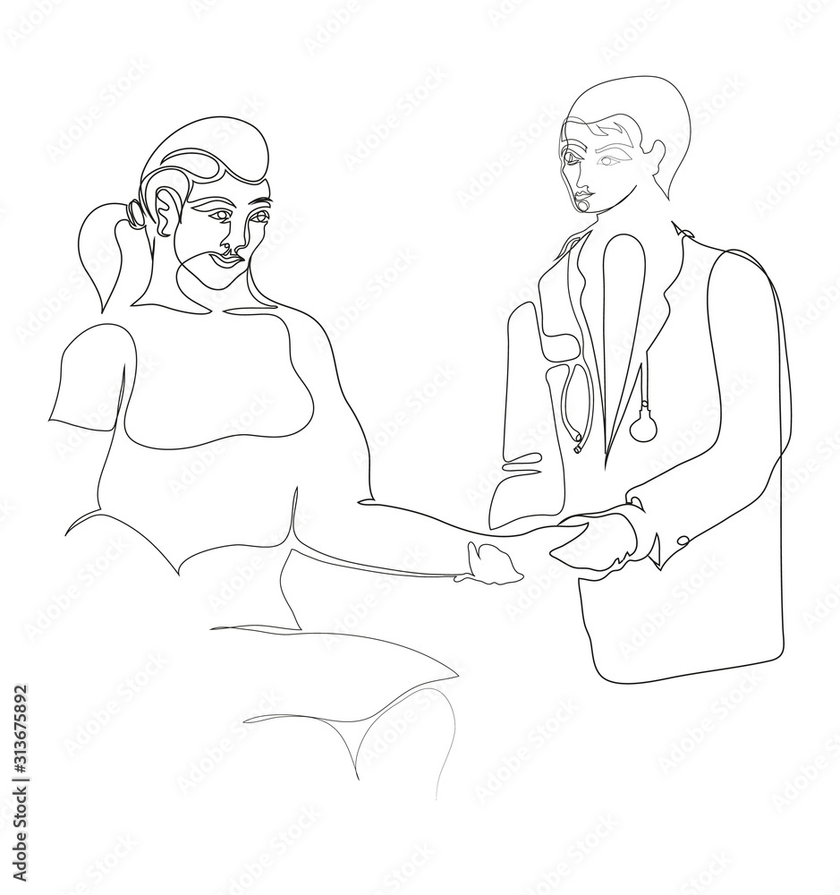 Simple line art drawing of Doctors and patients to shake hands.