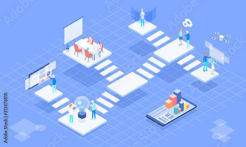 Isometric vector virtual platform office 3d illustration. Include platform office, people, work place, interface, smartphone.