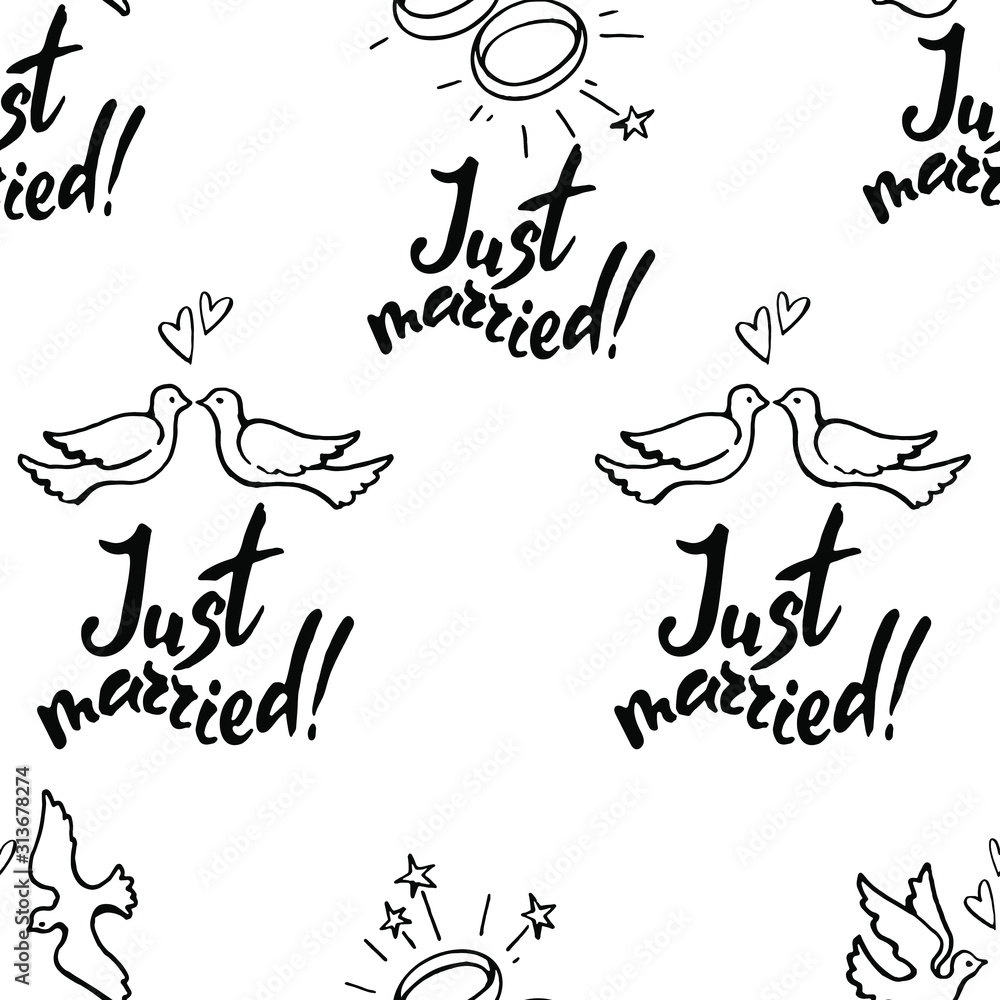 Vector seamless pattern : hand drawn simple linear doves in love with hearts, shining rings and phrase just married. Sketch style, lettering. Naive pretty design for wedding or saint valentine decor.