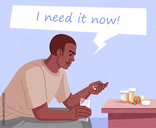 Drug addiction flat color vector illustration. I need it now. Chronic pain medication. Narcomania. Young african american man going to take pills and drink it with water cartoon character