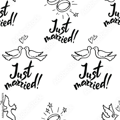 Vector seamless pattern : hand drawn simple linear doves in love with hearts, shining rings and phrase just married. Sketch style, lettering. Naive pretty design for wedding or saint valentine decor.