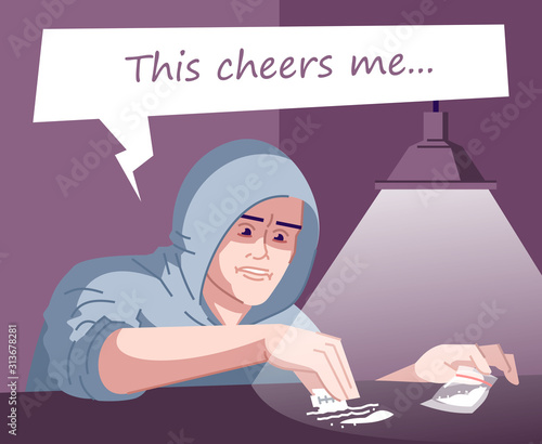 Cocaine addiction flat color vector illustration. This cheers me. Dependence to psychotropic substances. Young man making lines of cocaine dose on table with razor blade cartoon character