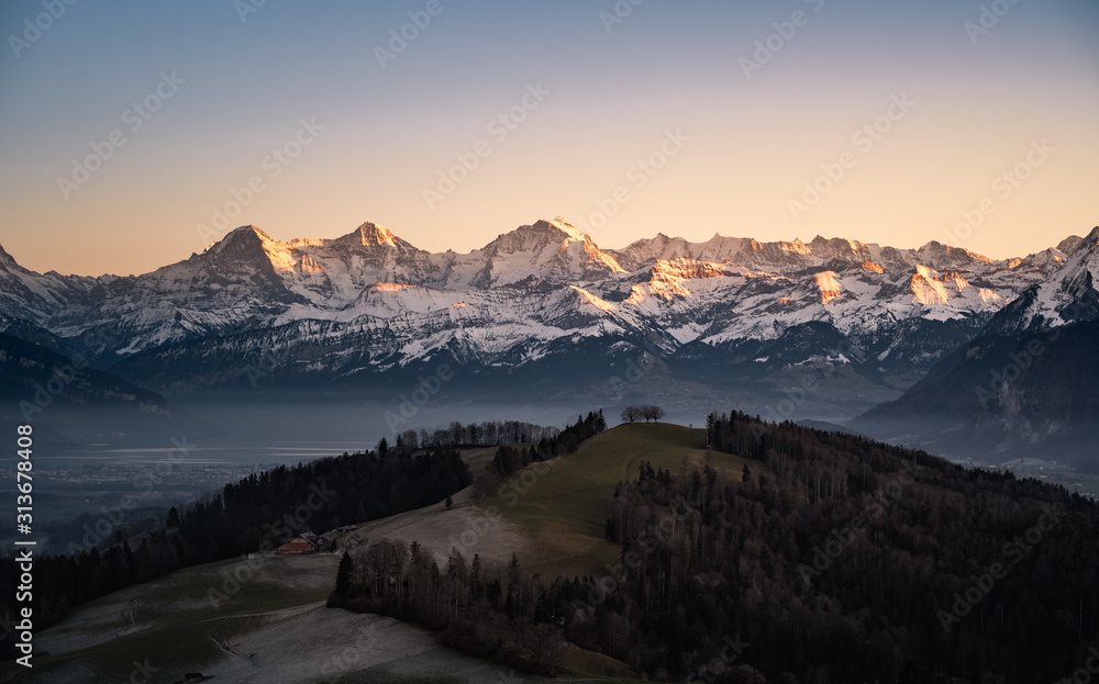 impressive mountains of the swiss alps - eiger, mönch, jungfrau - obrazy, fototapety, plakaty 