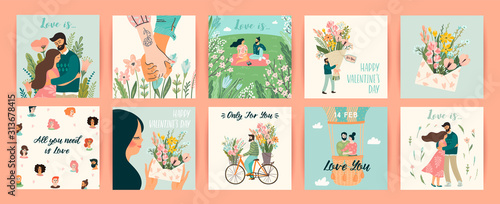 Romantic set of illustrations with man and woman. Vector design concept for Valentines Day and other users.