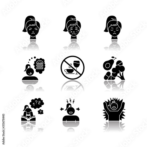 Predmenstrual syndrome drop shadow black glyph icons set. Facial treatment. Acne and pimples. Sadness and stress. Food craving. Emotional outburst. Poor concentration. Isolated vector illustrations